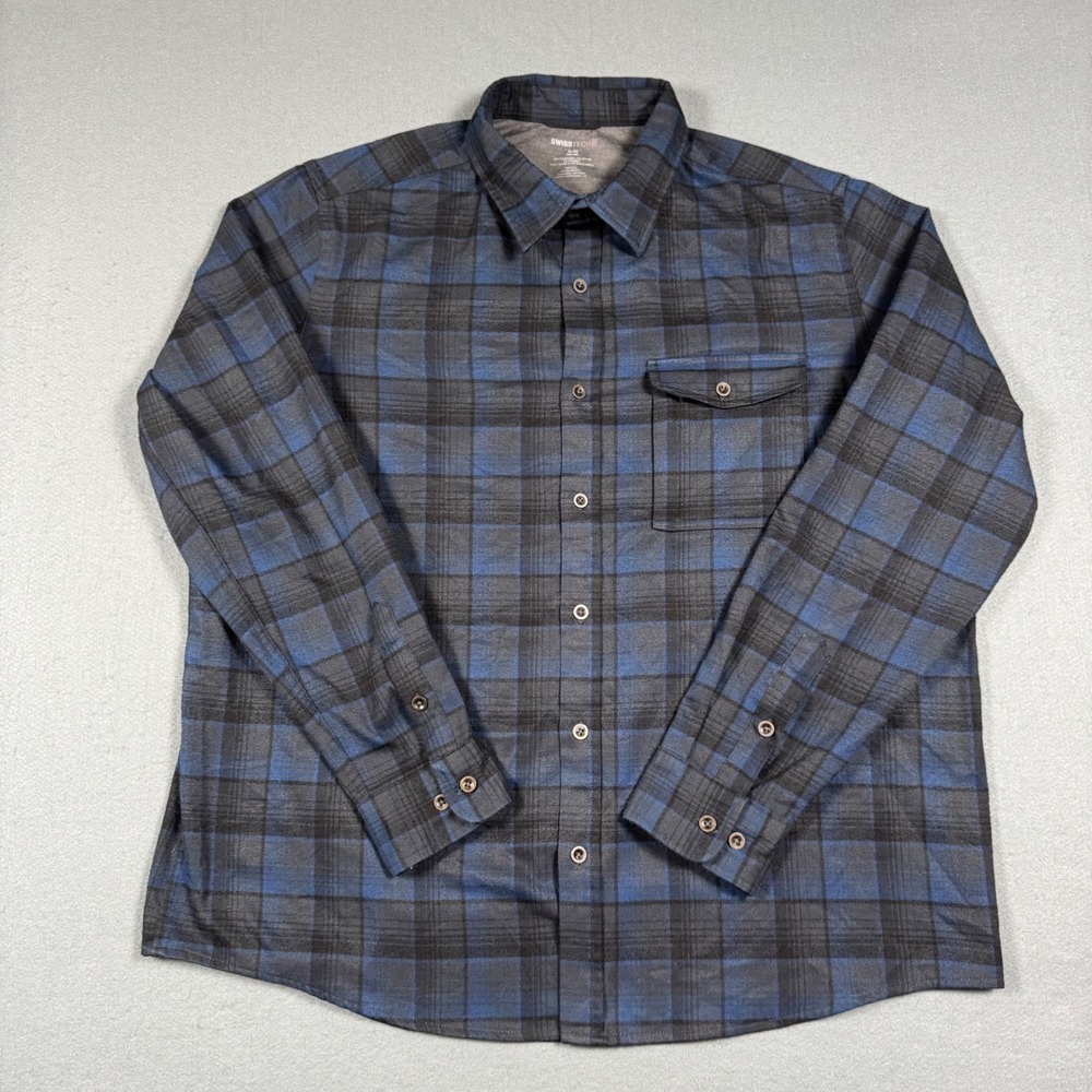 Swiss Tech Mens XL Navy Dust Plaid Flannel Shirt Long Sleeve Stretch Button Down
